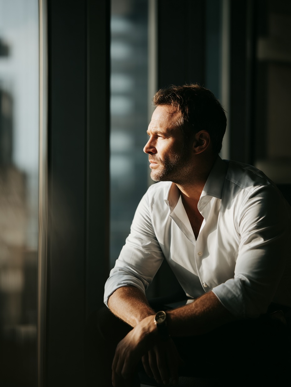 Concierge Therapy A man in his late 30s or 40s sitting alone in a modern, upscale office, looking thoughtful and emotionally weighed down, natural light through a large window, refined masculine setting, realistic, warm tones, cinematic, premium editorial style, not cheesy, not stock photo --ar 3:4 --v 7 Job ID: c8005759-2a59-45ea-bf0d-2e6aa82c011e