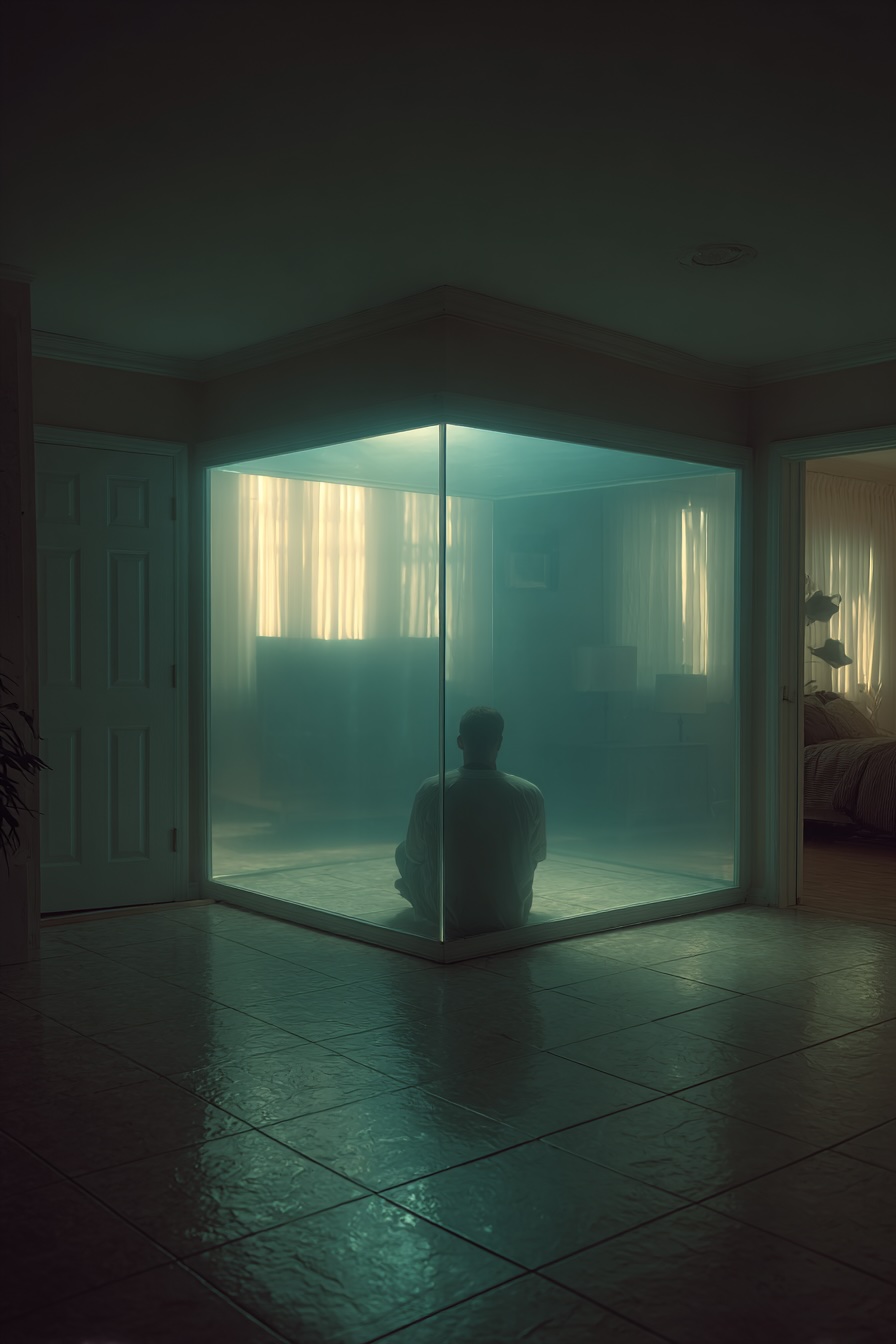 Why Men Often Wait Too Long to Get Help a man showing signs he needs therapy sitting in a glass box
