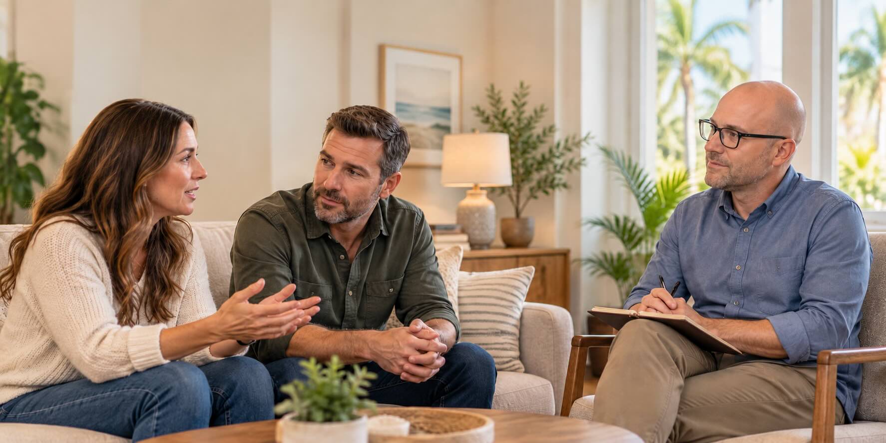 Couples Therapy in Sarasota Couple speaking with a male therapist during a couples counseling session, illustrating couples therapy in Sarasota