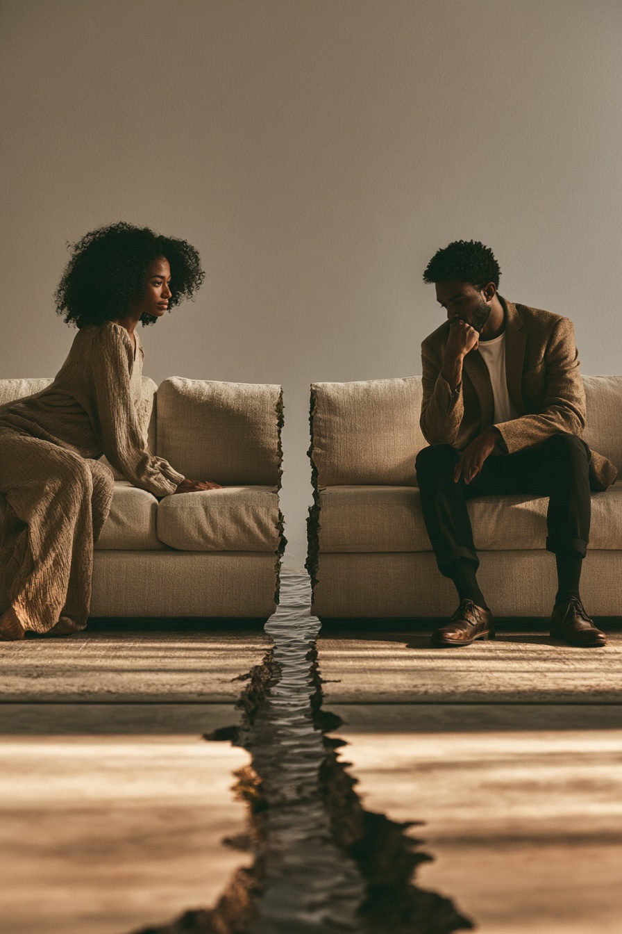 Find Your Way Back to Each Other Surreal image of a couple separated by a river flowing through their sofa, symbolizing emotional distance in a relationship.