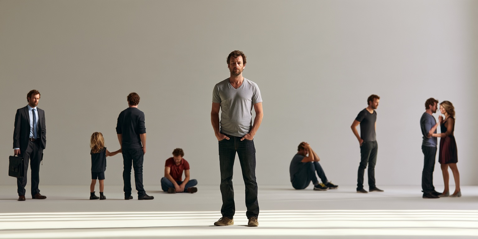 Helping Men Navigate Professional and Personal Challenges with therpay in delaware Man surrounded by different versions of himself, representing the personal and professional challenges that therapists in Delaware help men overcome.