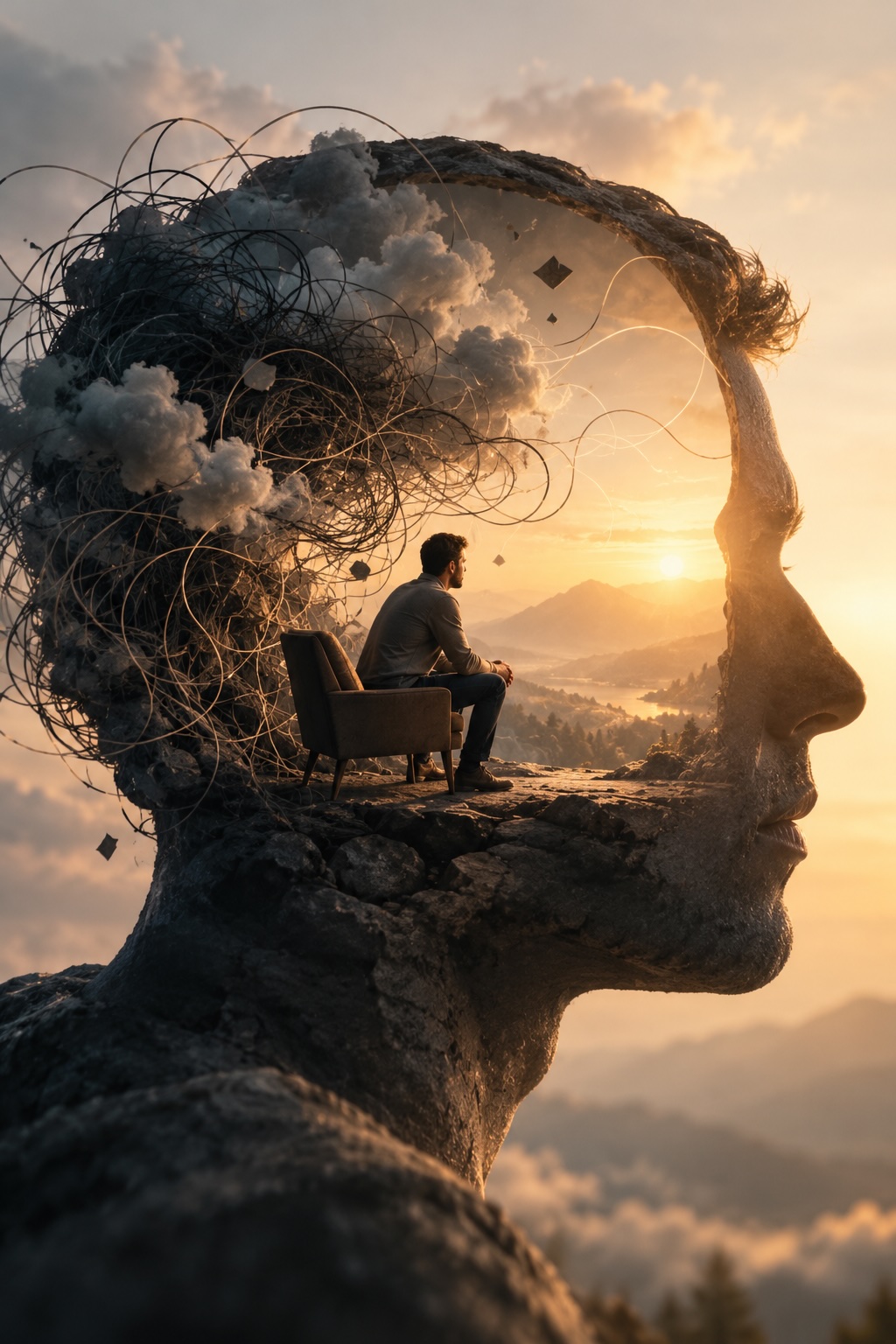 Individual Counseling for Men | Understanding Your Thoughts and Emotions Surreal illustration representing individual counseling for men, showing a man sitting inside a human head as tangled thoughts transform into clarity.