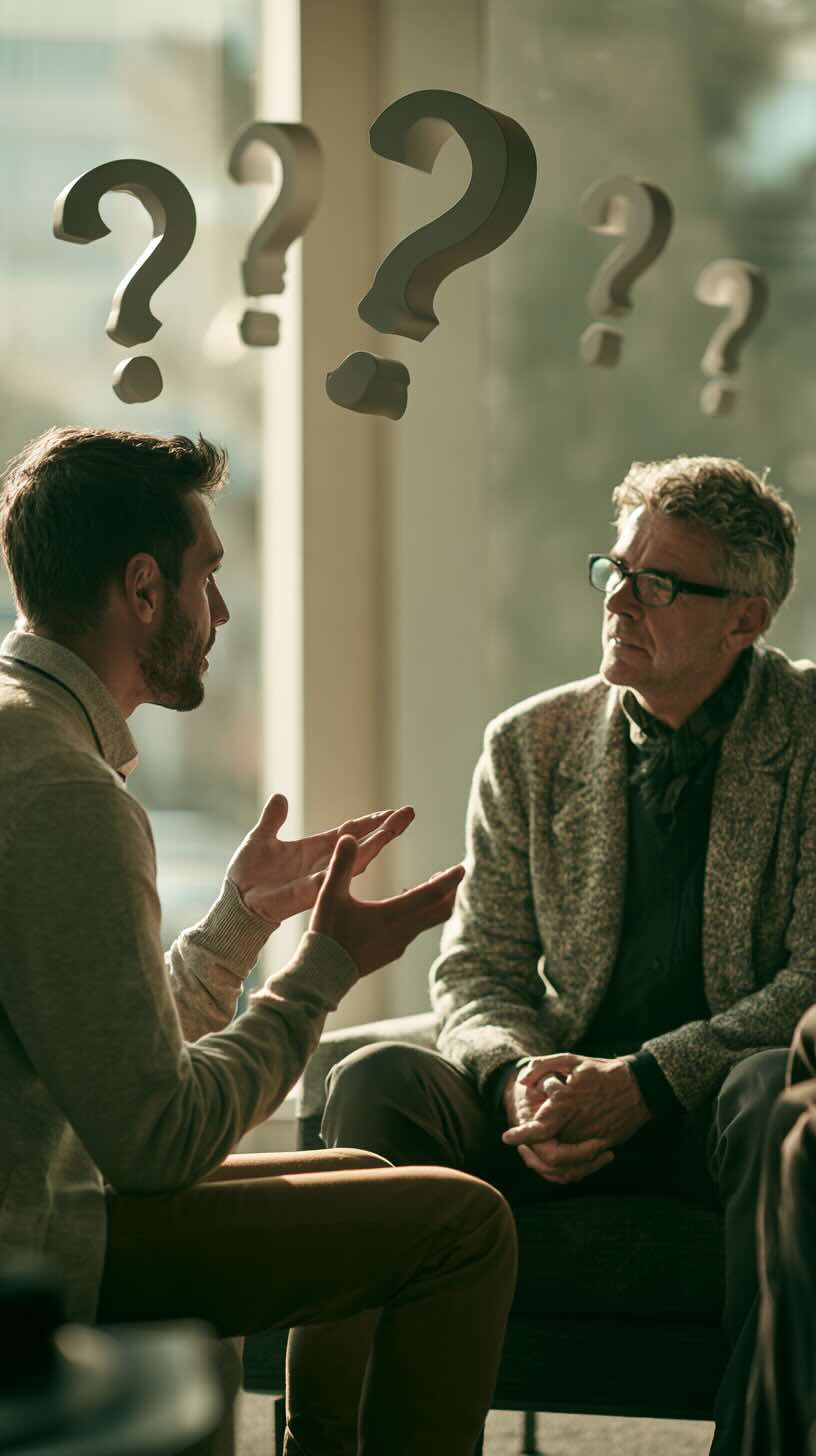 Questions to Ask Before Choosing your EMDR Therapist Man asking an EMDR therapist questions during a consultation, with floating question marks symbolizing his concerns.
