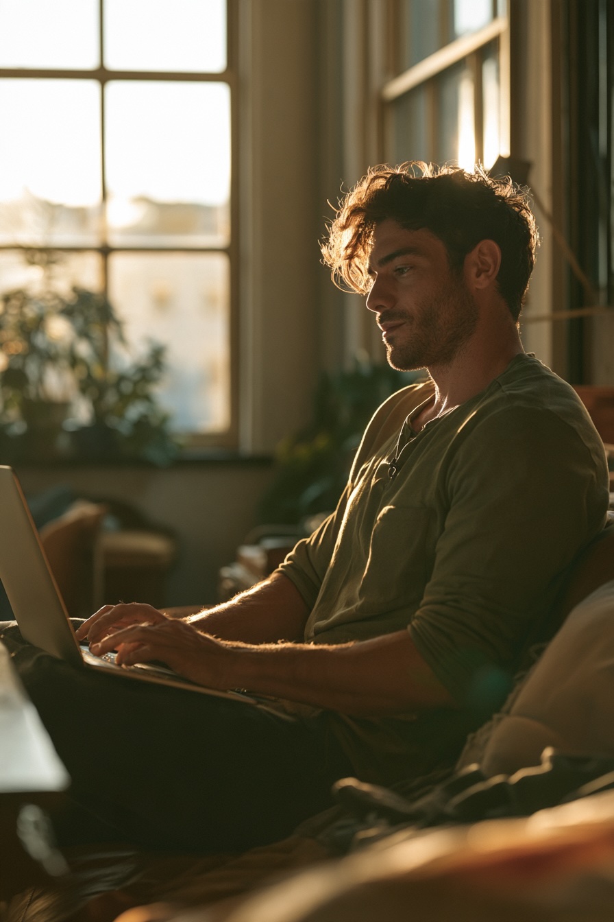 The Benefits of Online Therapy for Men Man sitting comfortably at his home office desk, attending an online therapy session with therapists in Delaware.