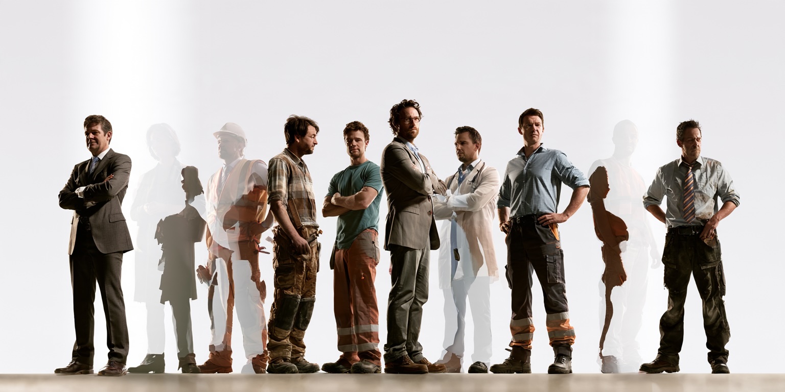 Therapy for men in Delaware Men from different professions representing career stress, burnout, relationship difficulties, and personal challenges addressed through online therapy.